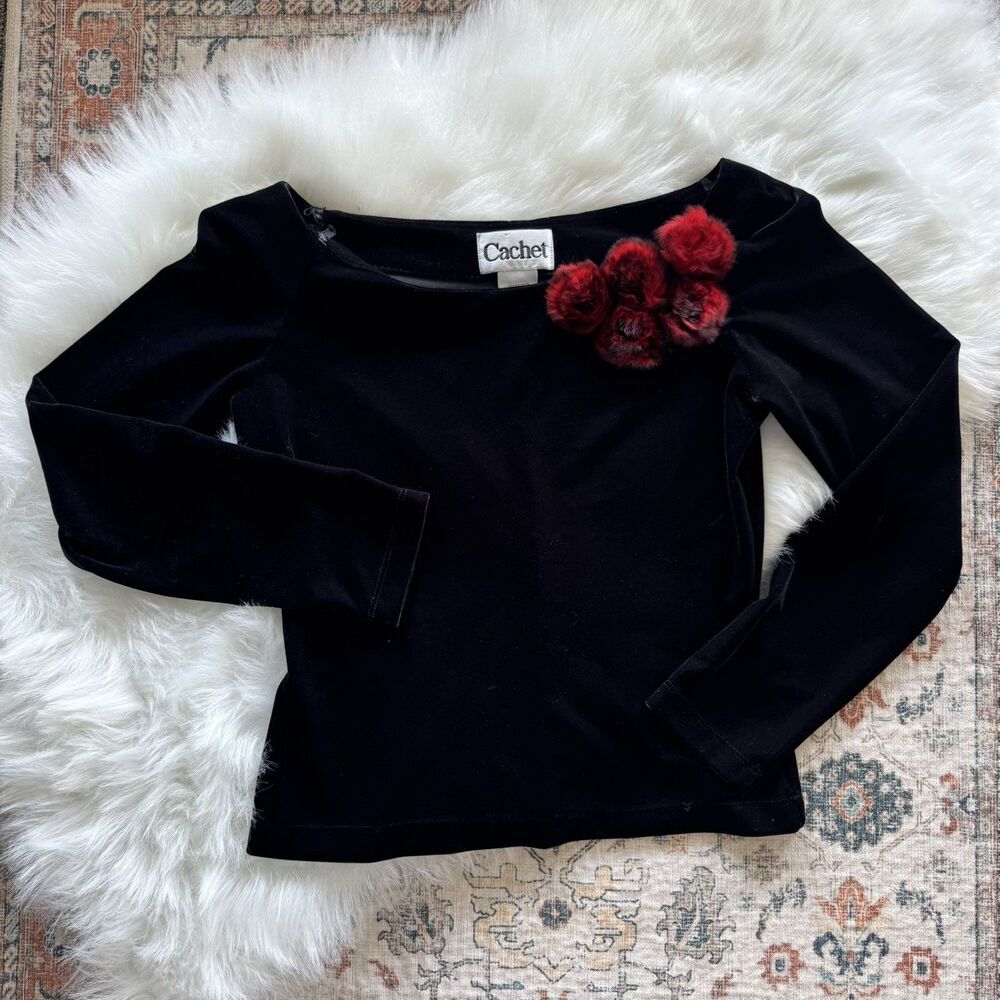 Vintage 90s Cachet Black Velvet Womens Top Red Feathers Small Gothic Whimsigoth